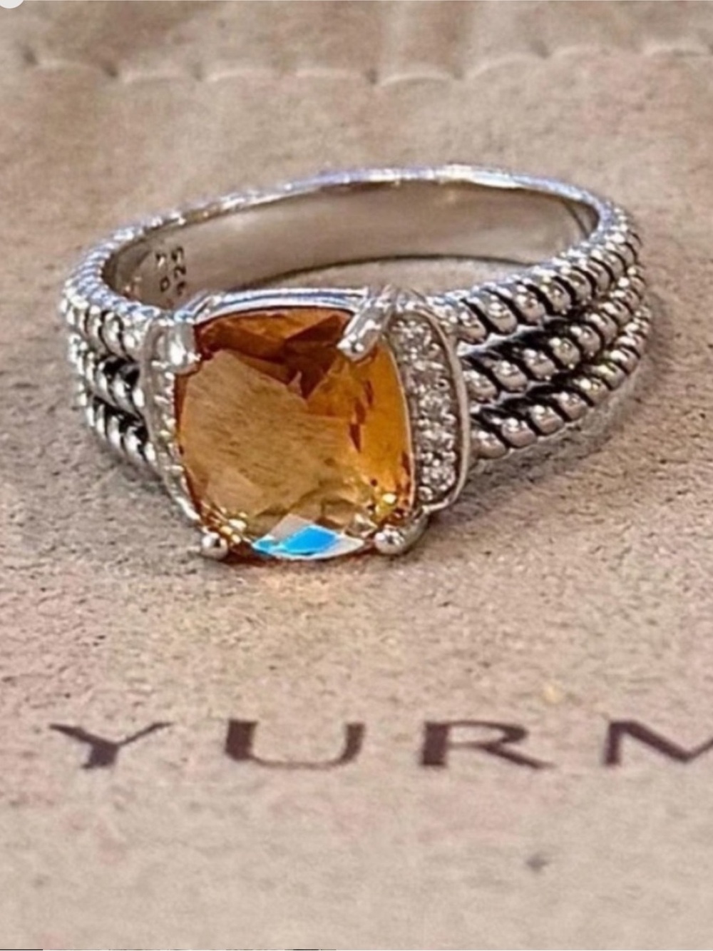David Yurman Sterling Silver Citrine  & Diamond Wheaton Ring Size 8